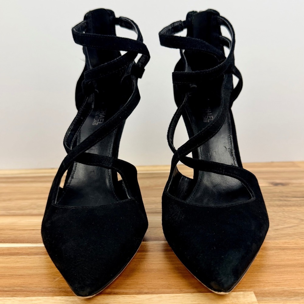 Michael Kors Black Suede Strappy Stiletto Heels Zip Ankle Strap Womens 5.5M - Picture 3 of 8